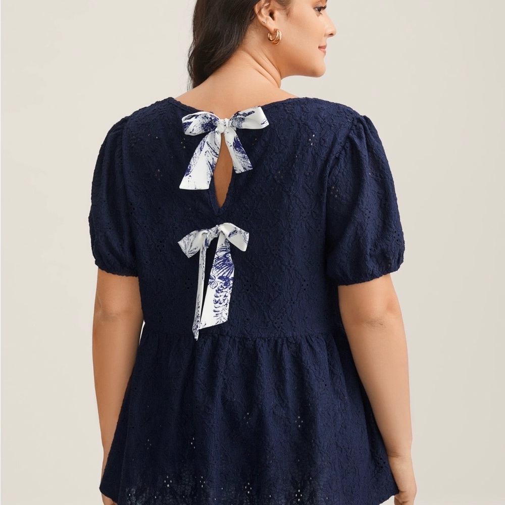 BloomChic Navy Eyelet Peasant Tunic with Floral Tie